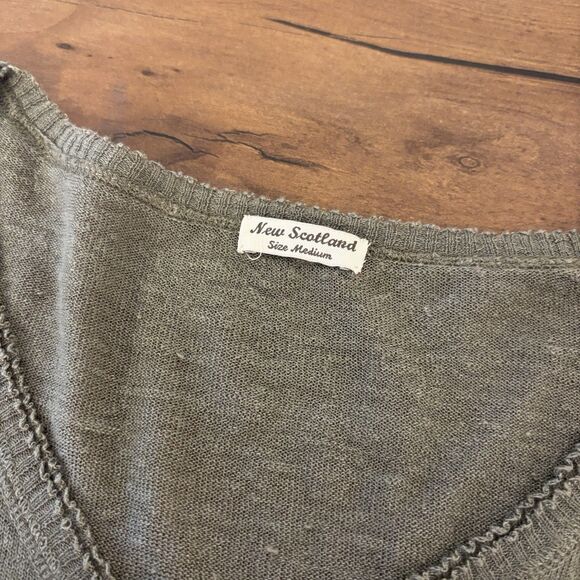 New Scotland Womens medium Olive Green Linen Blend Long Sleeve V-Neck Top Shirt - Picture 6 of 6